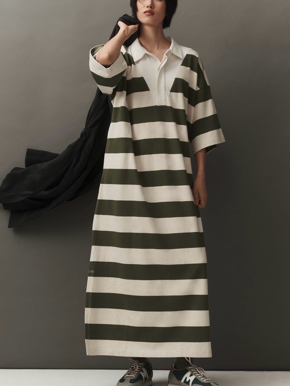 Daily Practice by Anthropologie Striped Polo Maxi Dress in Olive and Cream